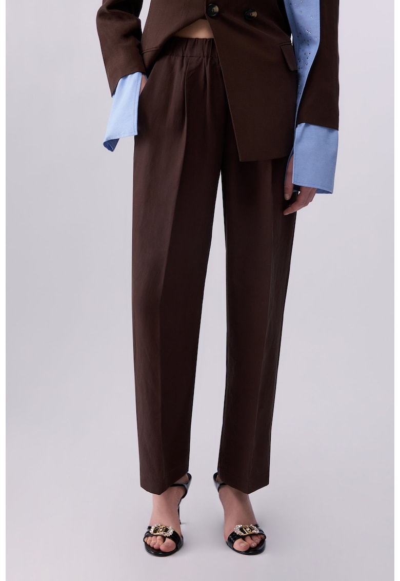 Pantaloni din amestec de in si lyocell cu talie elastica - Maro