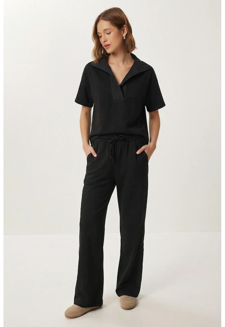 Compleu din doua piese - Happiness Istanbul - tricou cu guler polo - pantaloni cu talie inalta - negru -