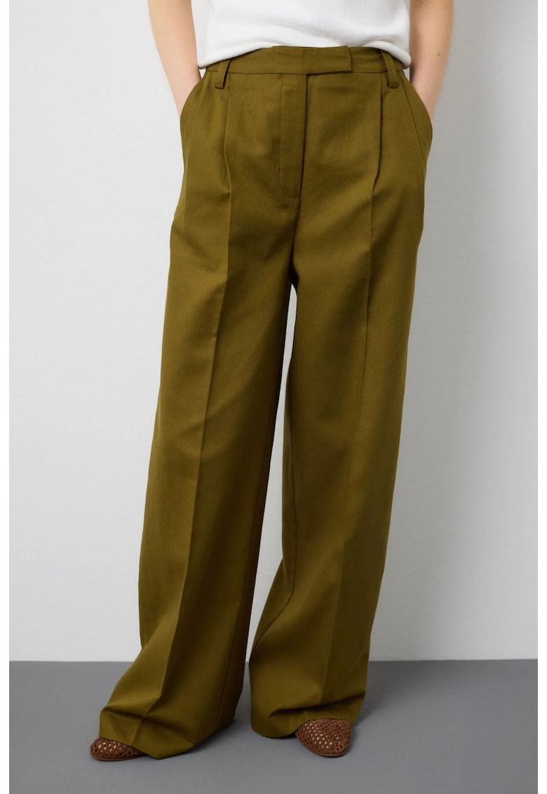 Pantaloni din amestec de bumbac si in - cu croiala ampla - Kaki