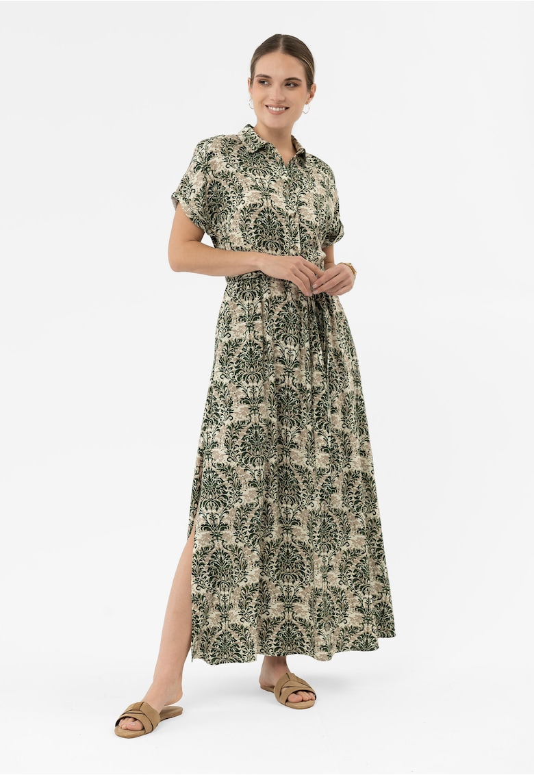 Rochie lunga de vara din viscoza cu model floral - cu guler - nasturi - maneci scurte - banda elastica cu curea in talie - G-Pari - verde - Verde