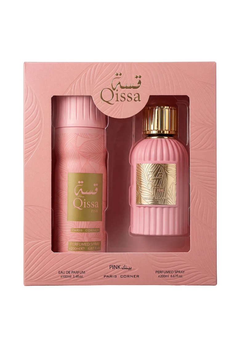 Set cadou parfum Qissa Pink - apa de parfum 100ml - deodorant spray 200ml - aroma dulce-florala - pentru unisex