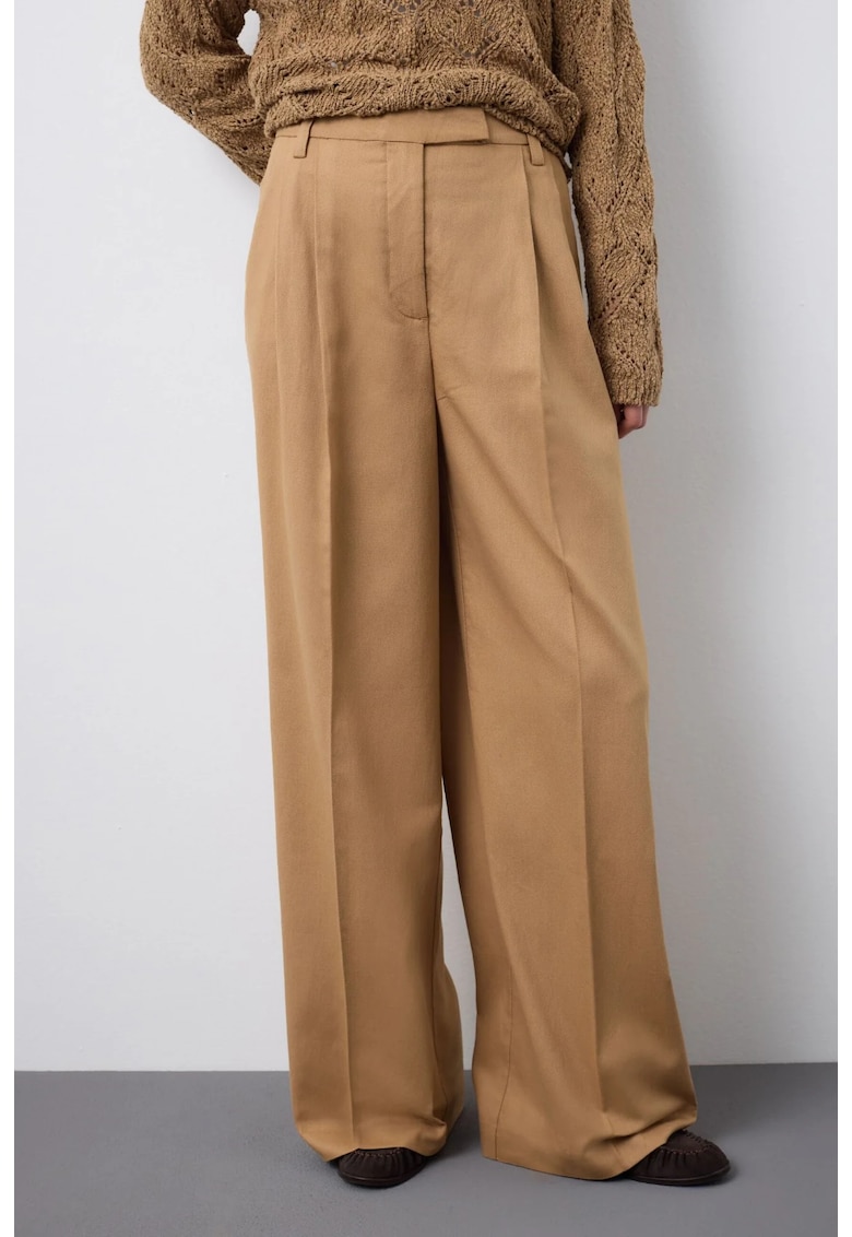 Pantaloni lungi din amestec de bumbac si in - Maro