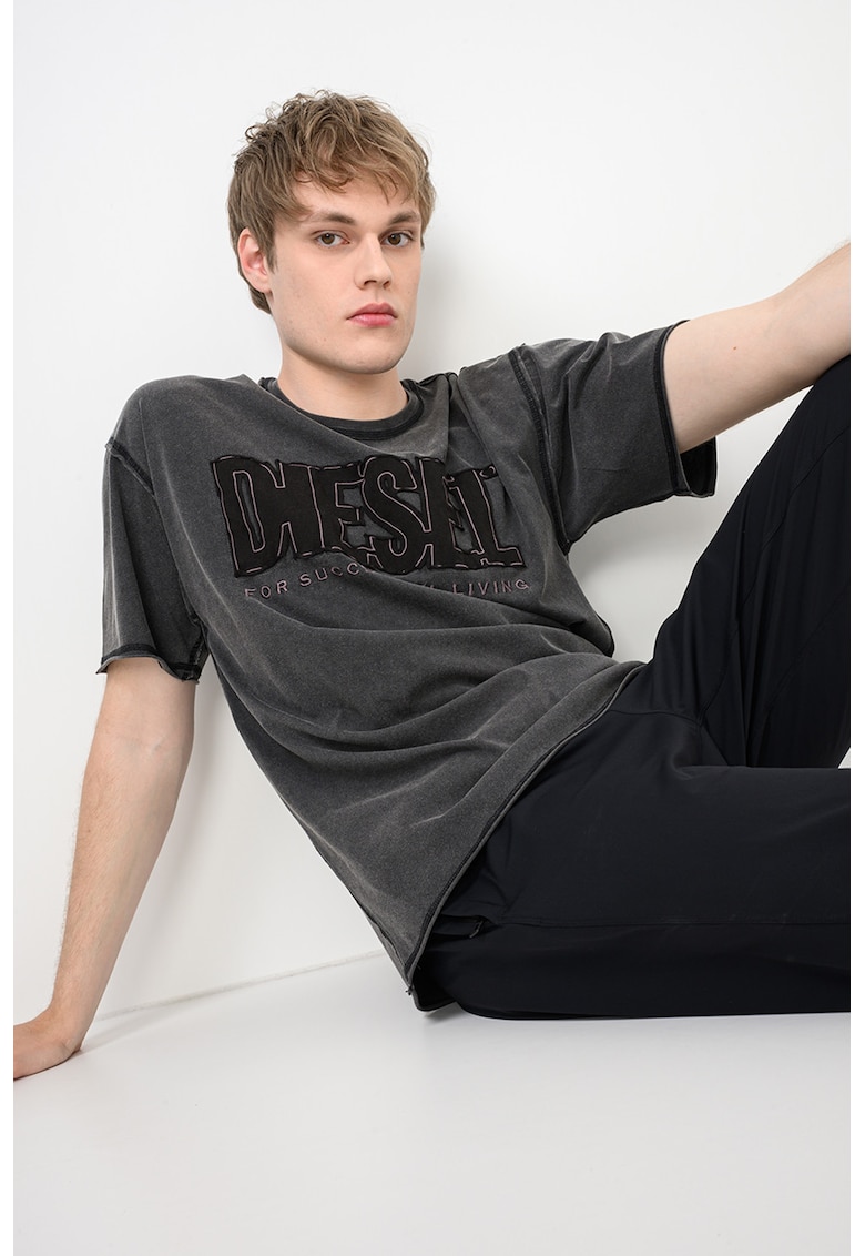 Tricou cu logo si cusaturi decorative Rawboxt - Gri inchis