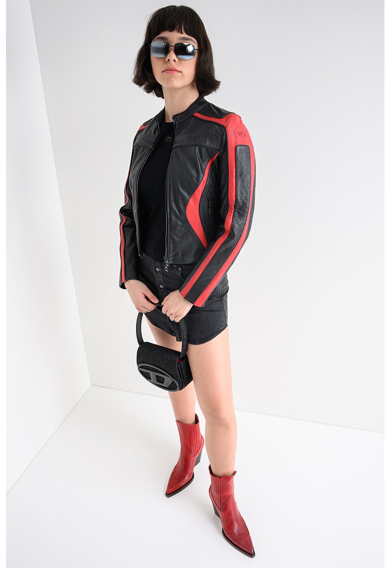 Jacheta biker cambrata de piele Ovable - Negru/Caramiziu