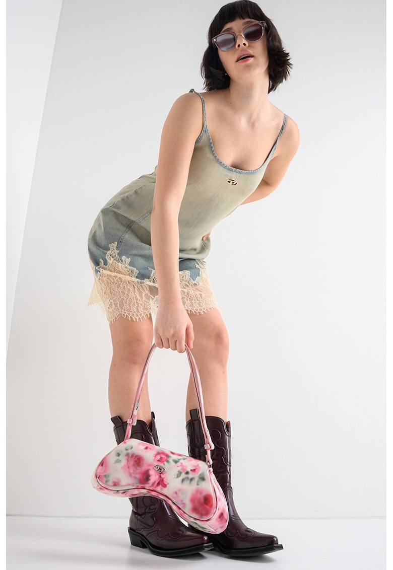 Rochie-furou scurta din denim cu terminatie din dantela Odry - Albastru prafuit/Kaki