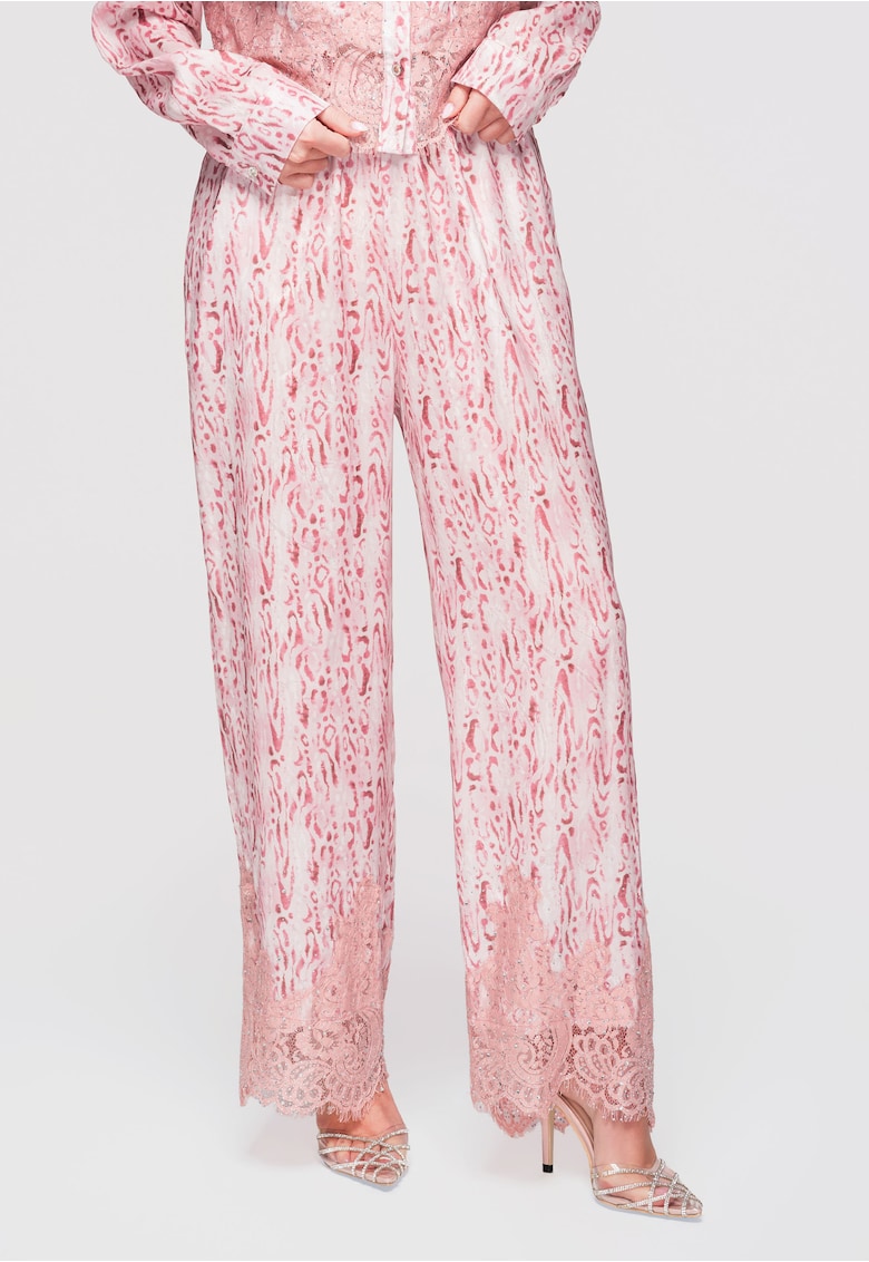 Pantaloni Lunga - Largi cu Talie Inalta si Imprimeu Animal - Eleganti si Confortabili - Roz