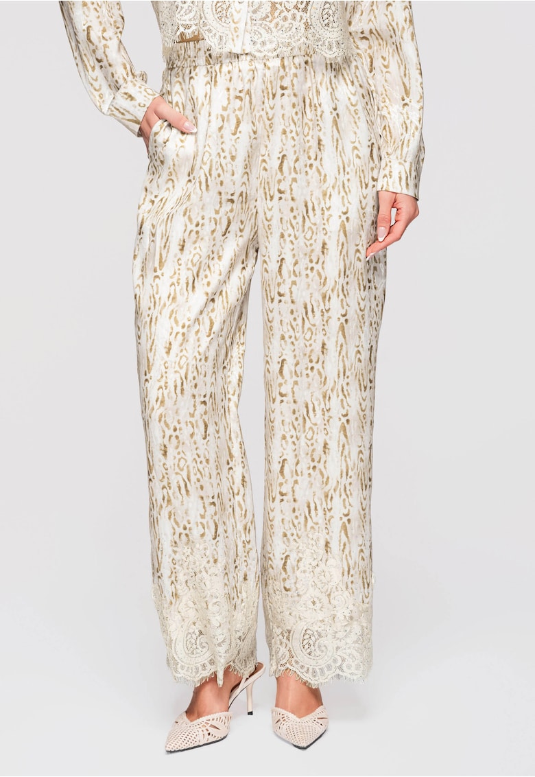 Pantaloni Lunga - Largi cu Talie Inalta si Imprimeu Animal - Eleganti si Confortabili - Bej