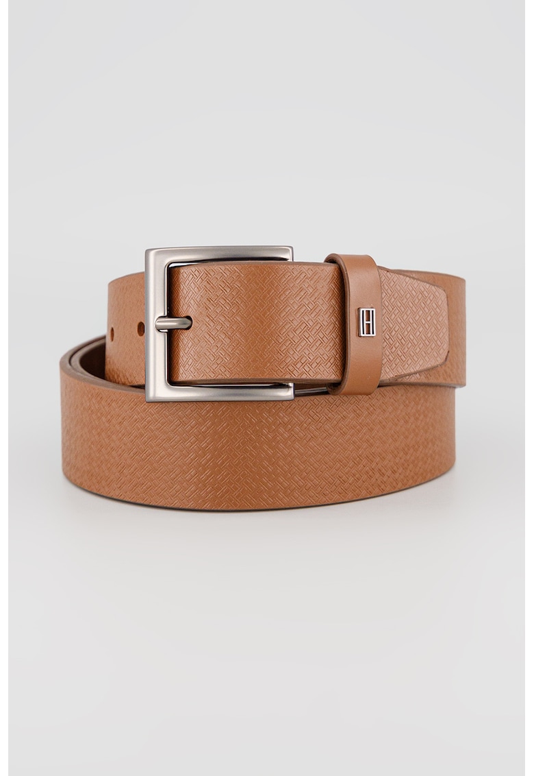 Curea din piele cu model si catarama patrata - Maro cognac