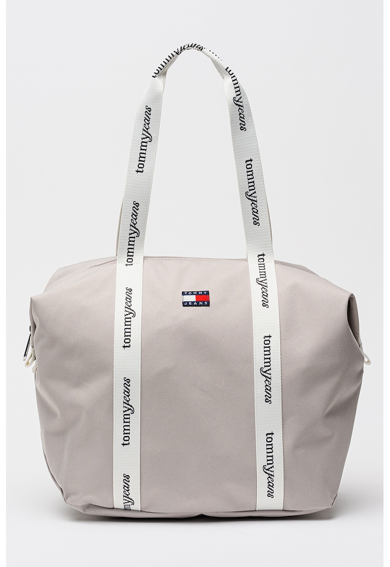Geanta tote cu logo si fermoar Daily - Verde deschis/Alb murdar