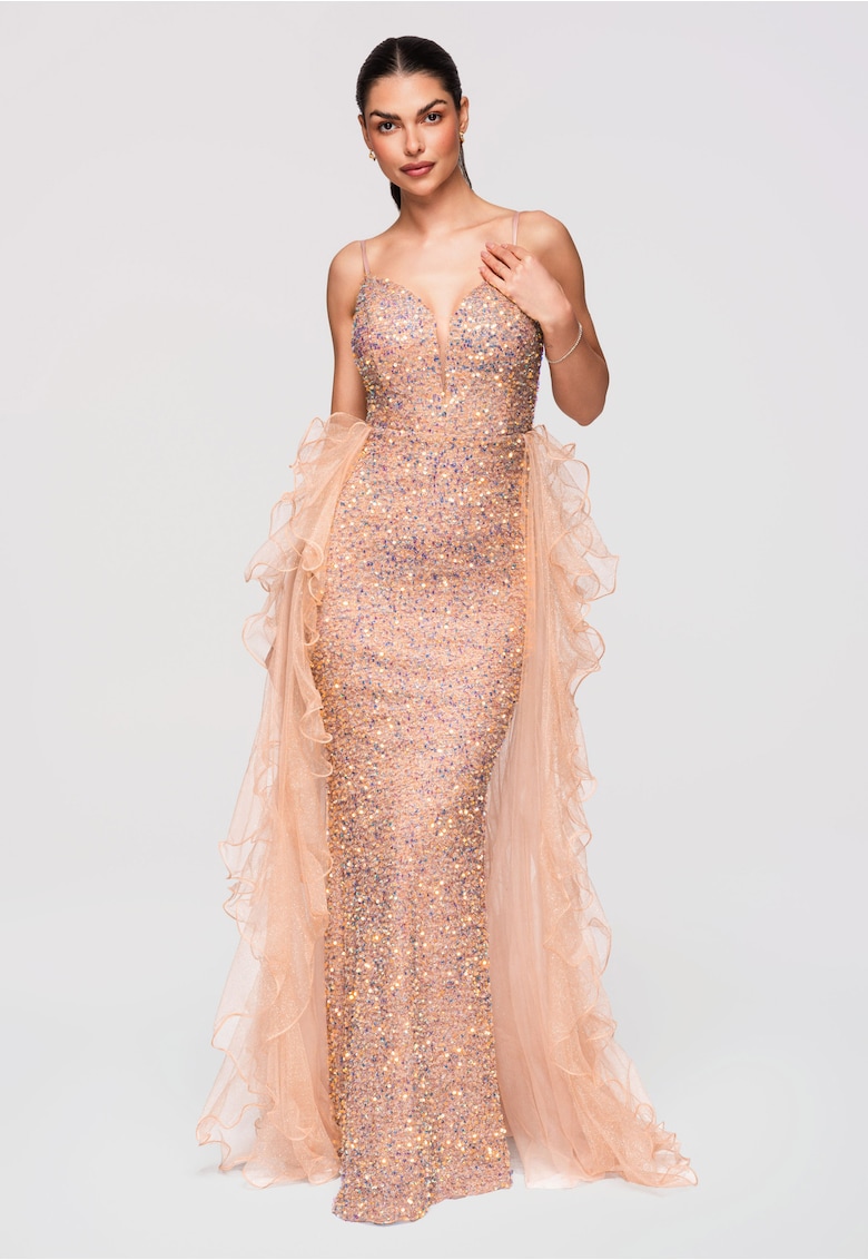 Rochie Maxi de Seara cu Paiete si Croiala Sirena Eleganta - Bej