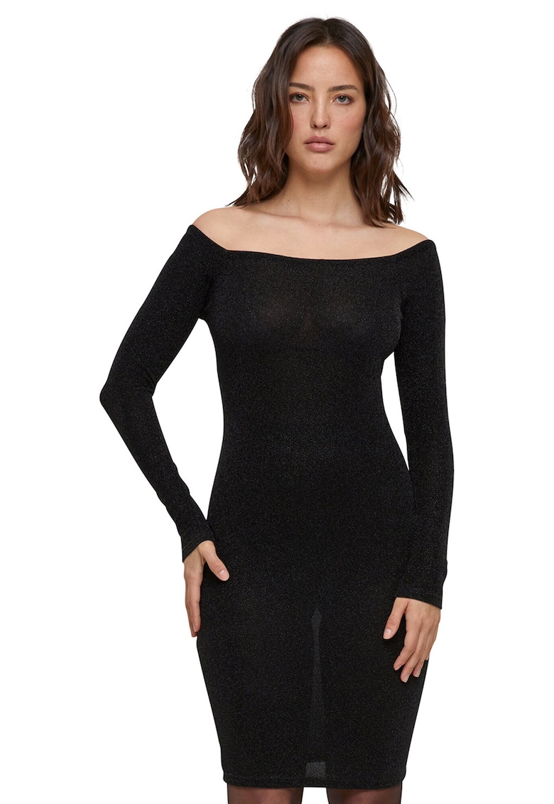 Rochie cu aspect stralucitor si decolteu pe umeri - Negru