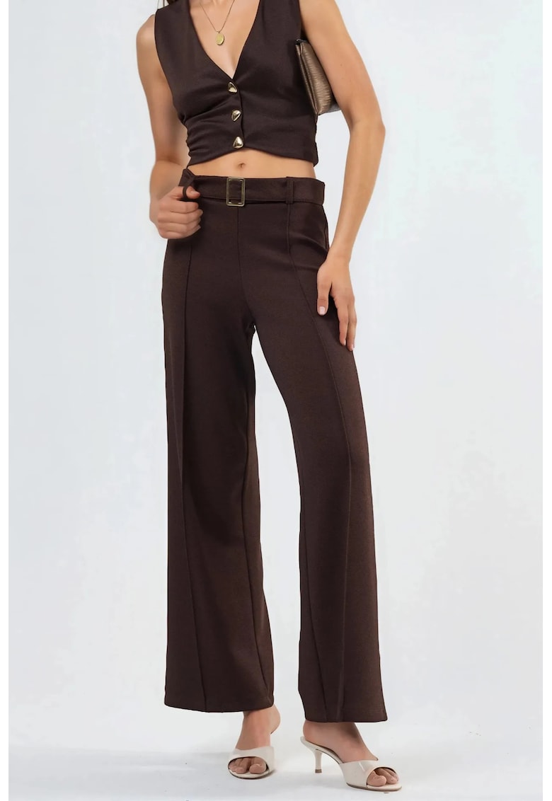Pantaloni dama talie inalta - croiala dreapta - maro - poliester