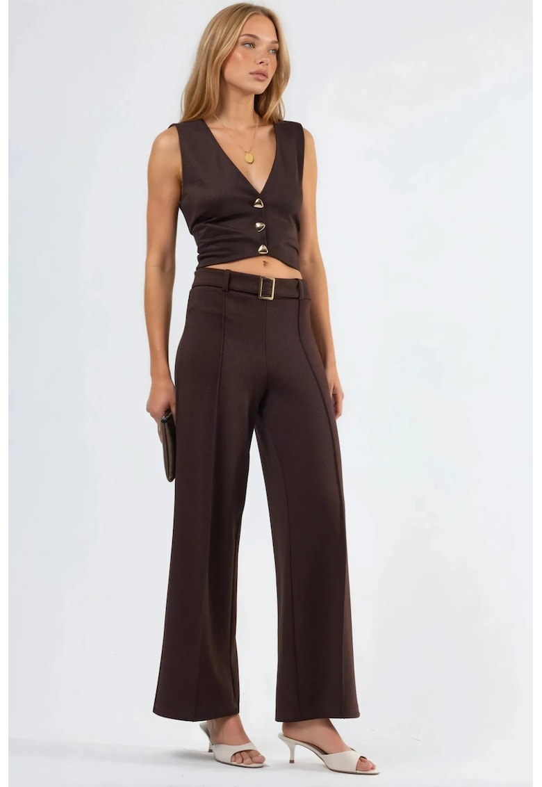 Pantaloni dama talie inalta - croiala dreapta - maro - poliester