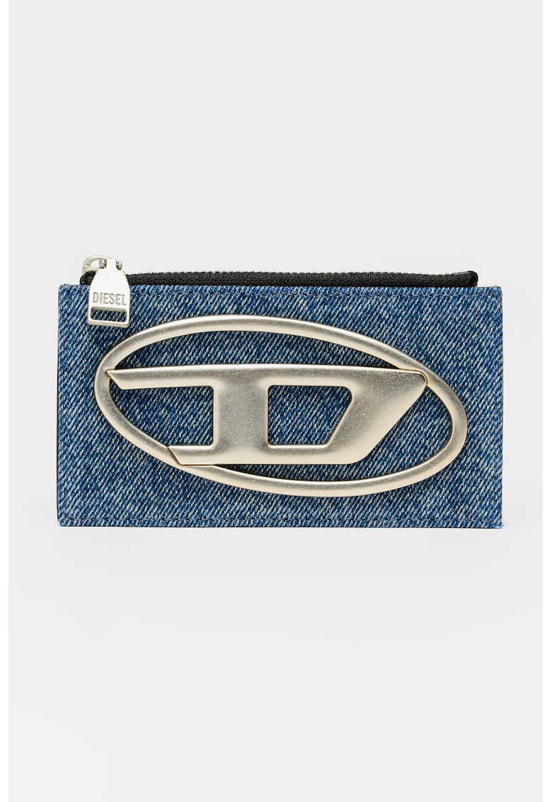 Portofel din piele si denim cu logo - Albastru prafuit
