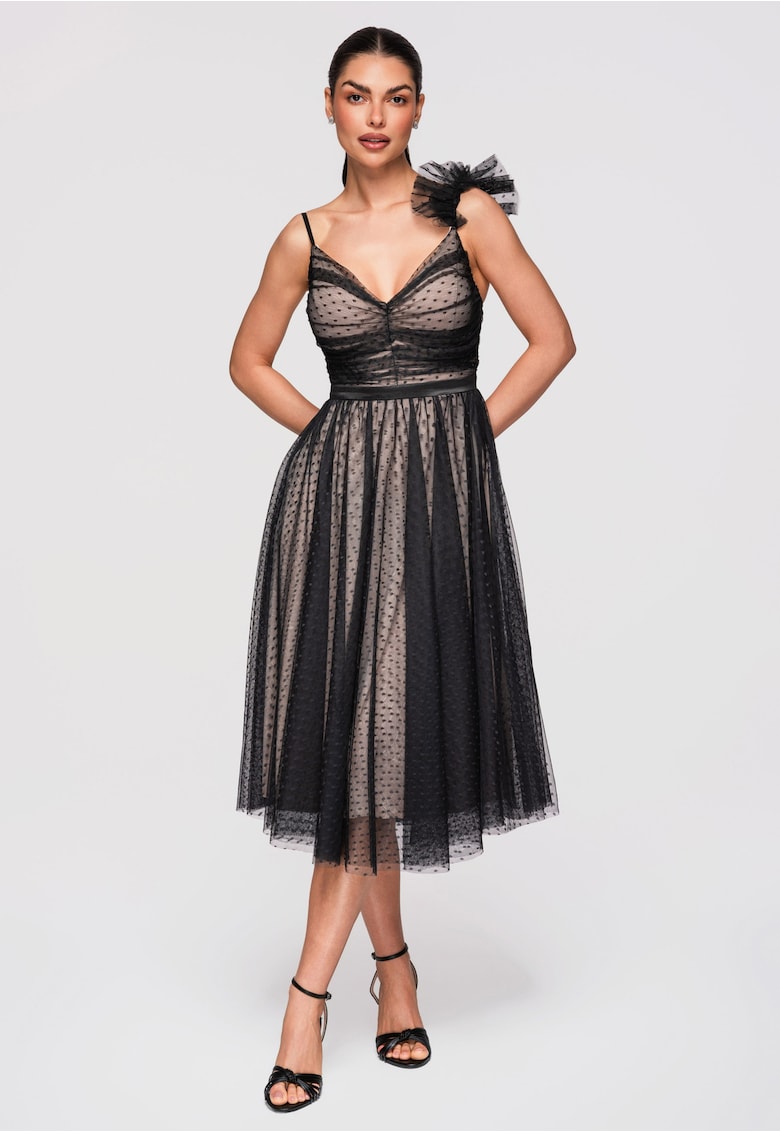 LARICA Rochie Cocktail Midi Evazata cu Aplicatie din Tulle si Decolteu in V - Negru