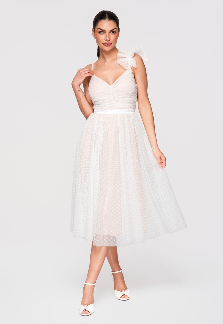 LARICA Rochie Cocktail Midi Evazata cu Aplicatie din Tulle si Decolteu in V - Alb