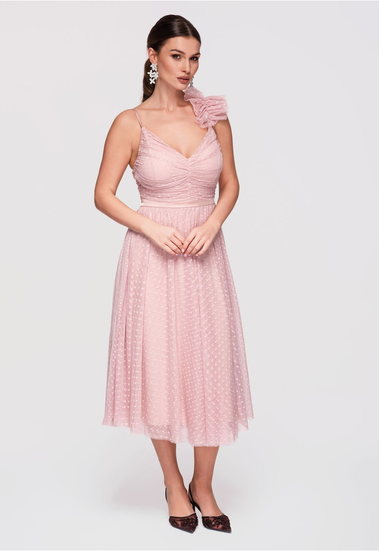 LARICA Rochie Cocktail Midi Evazata cu Aplicatie din Tulle si Decolteu in V - Nude