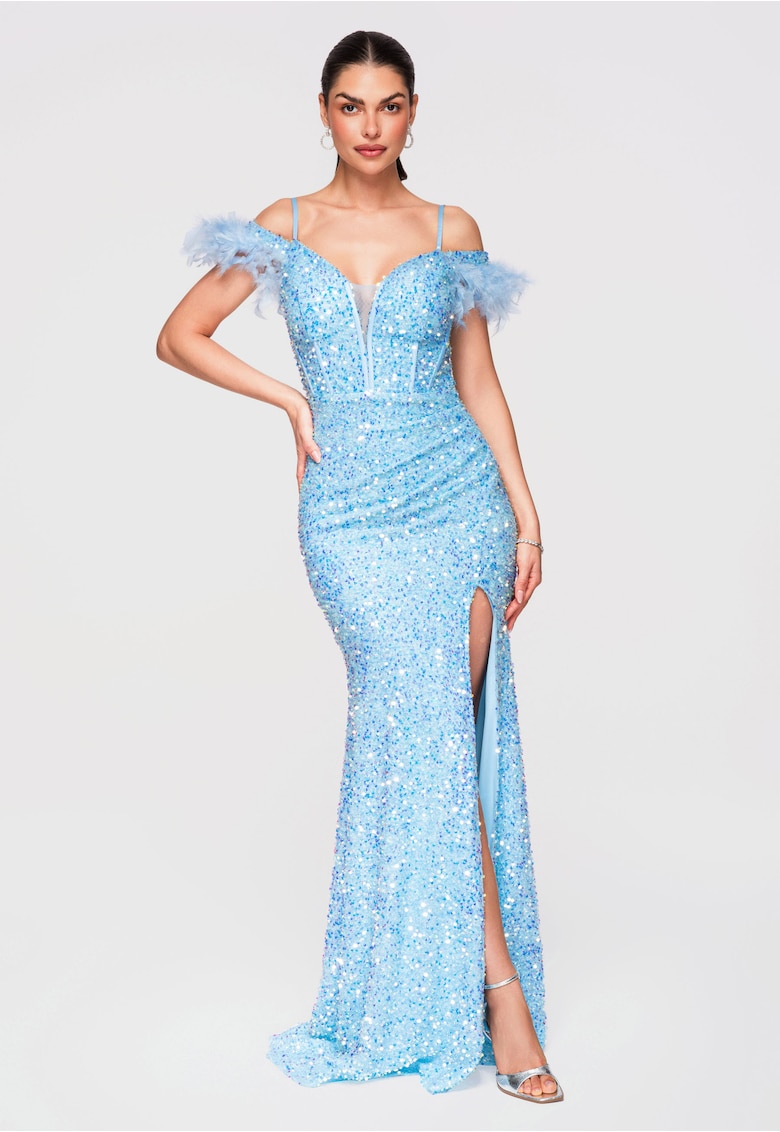 Rochie Maxi de Seara cu Paiete si Decolteu Inima - Croiala Tip Coloana - Albastru