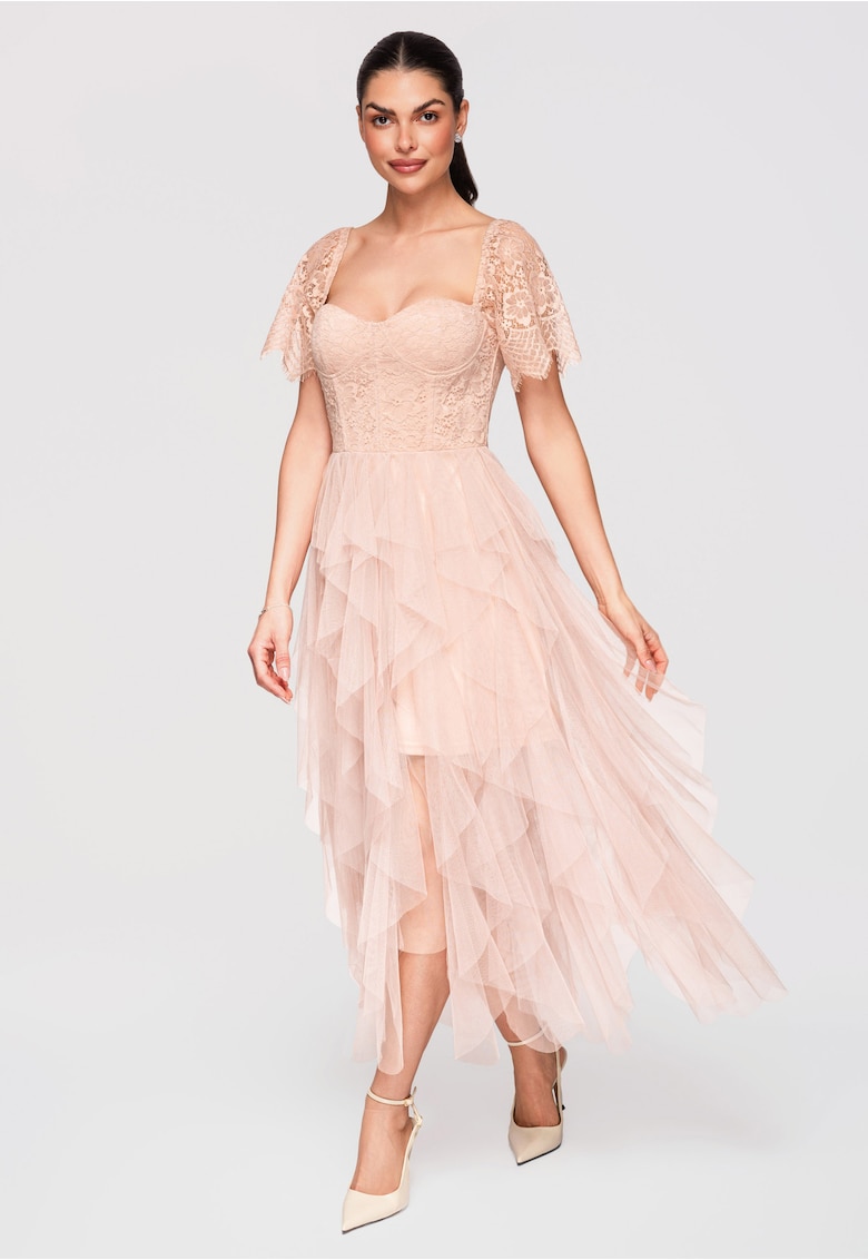 Rochie Cocktail Midi Dantela Florala Eleganta Croi Cloche - Nude