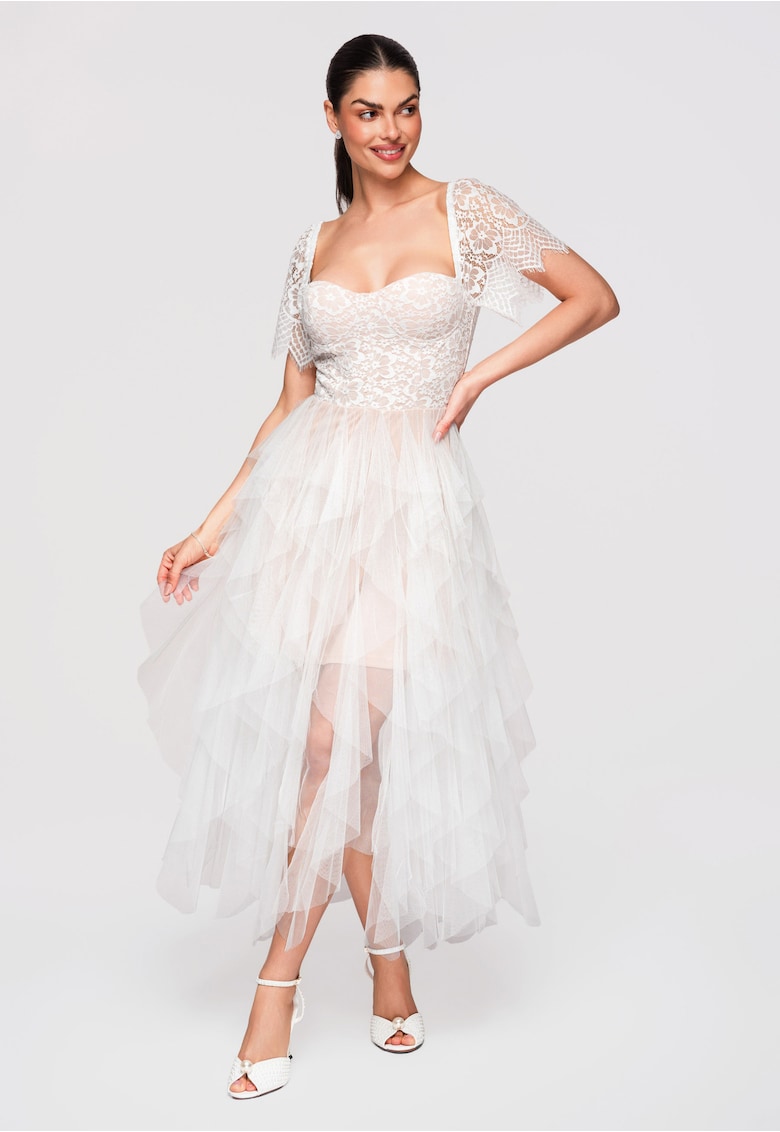 Rochie Cocktail Midi Dantela Florala Eleganta Croi Cloche - Alb