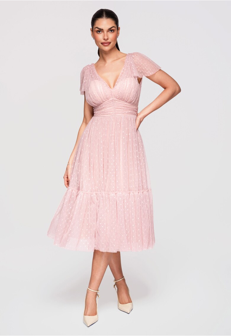 LARICA Rochie Midi Evazata - cu Decolteu in V si Tulle cu Model Delicat - Nude