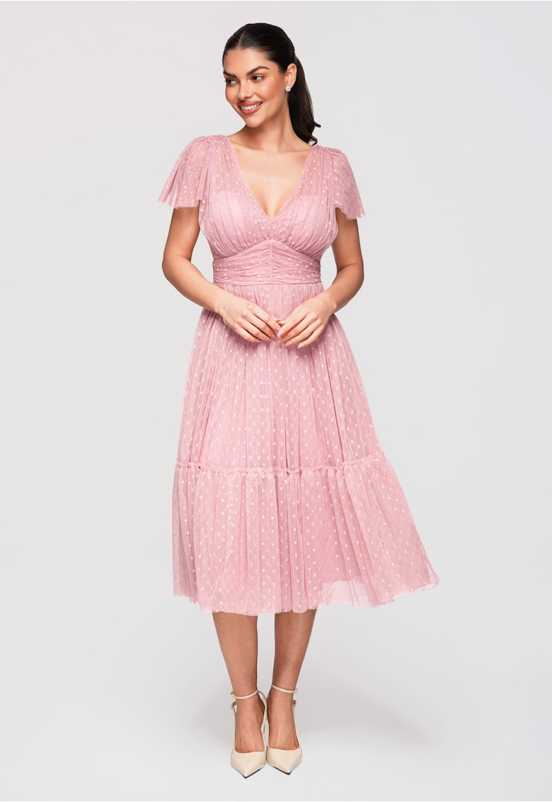 LARICA Rochie Midi Evazata - cu Decolteu in V si Tulle cu Model Delicat - Roz murdar