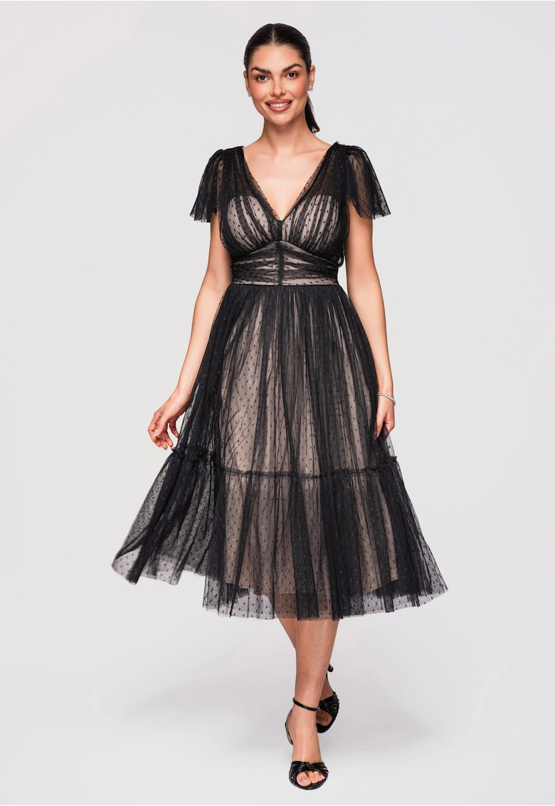 LARICA Rochie Midi Evazata - cu Decolteu in V si Tulle cu Model Delicat - Negru