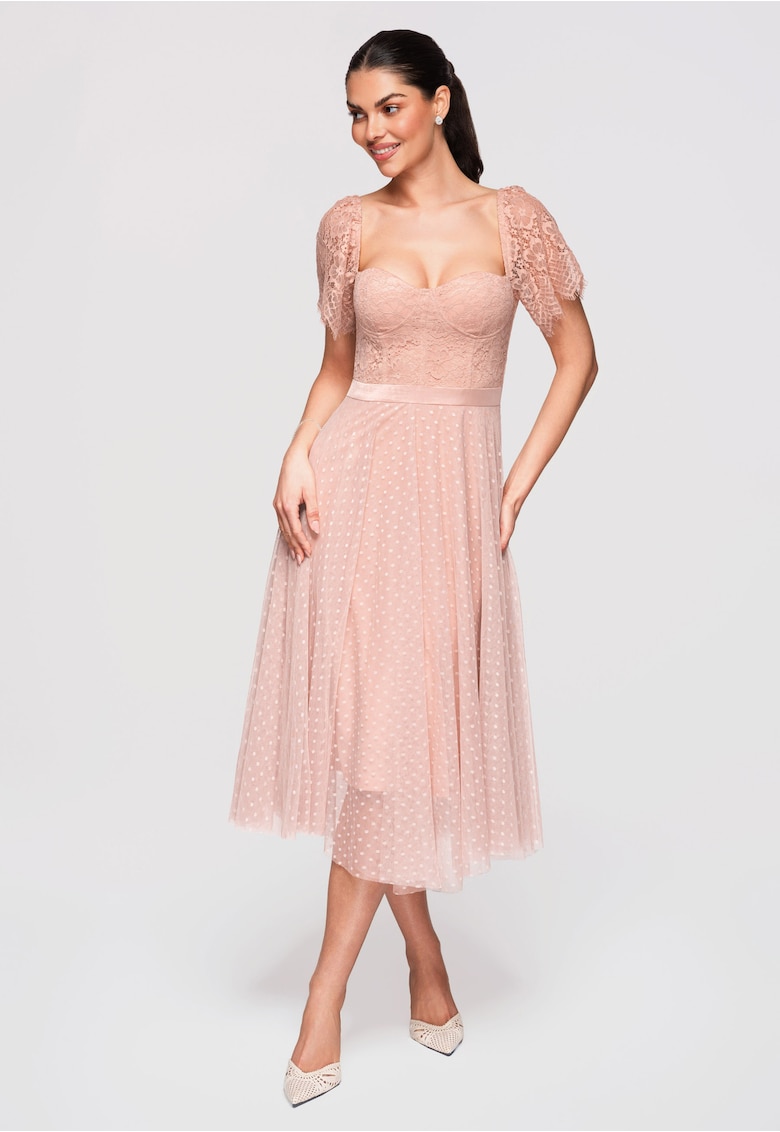 Rochie midi evazata - cu corset din dantela si tul - Nude