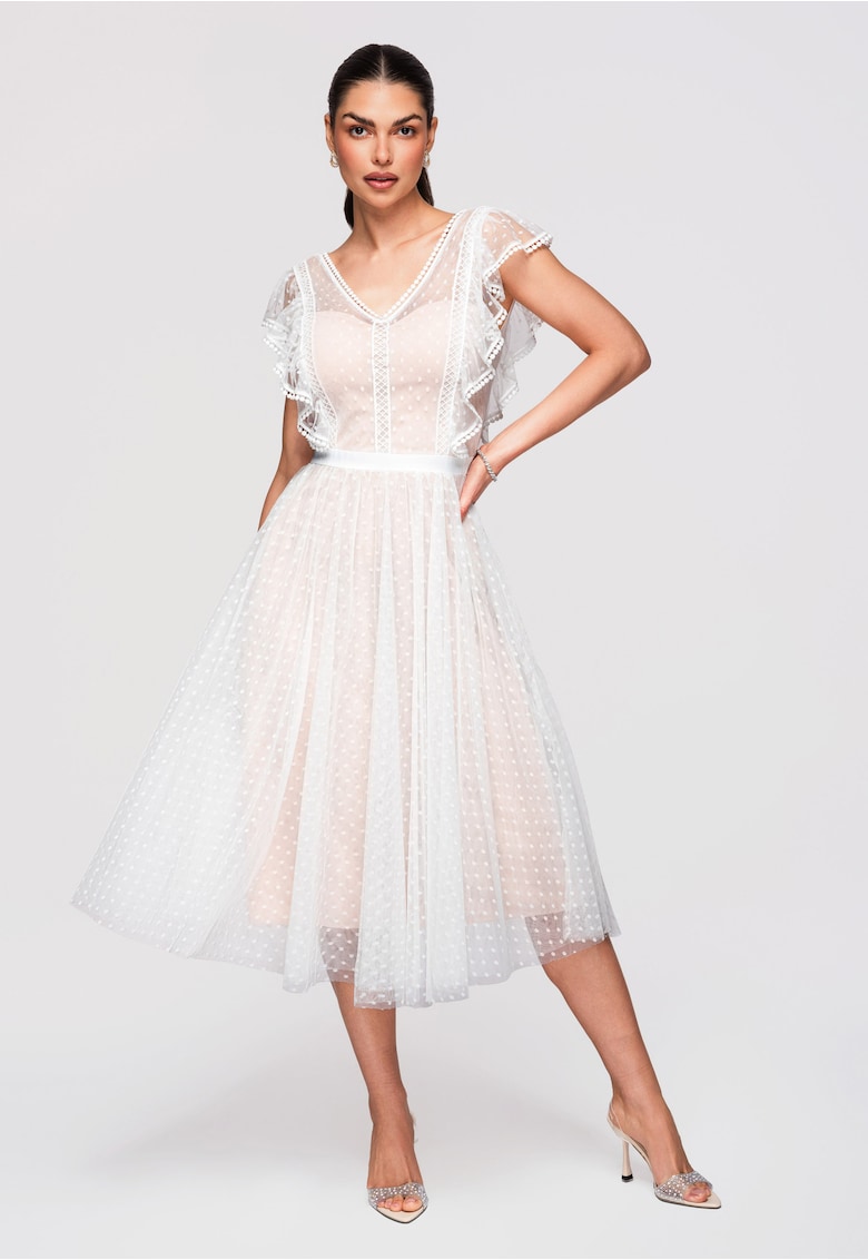 Rochie midi evazata - cu detalii din dantela si maneci scurte cu volane - ideala pentru evenimente speciale - Alb