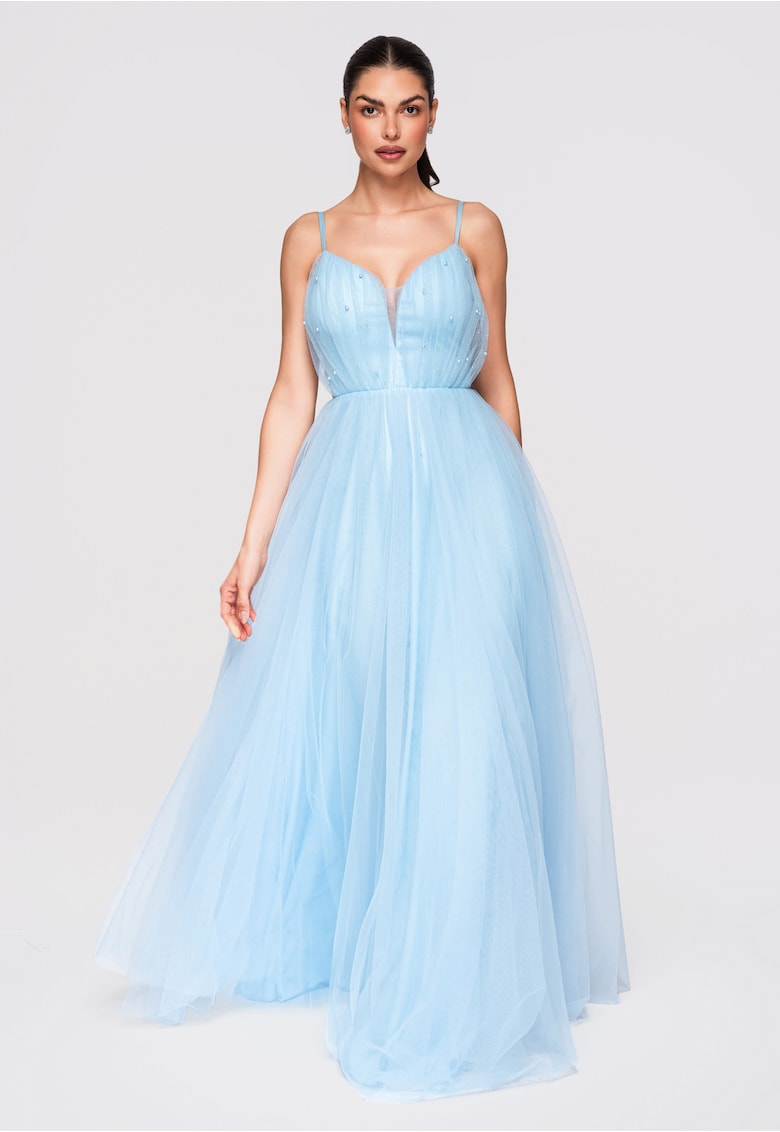 Rochie Maxi Eleganta - Croiala Clos - Detalii Tulle si Aplicatii Delicate - Albastru