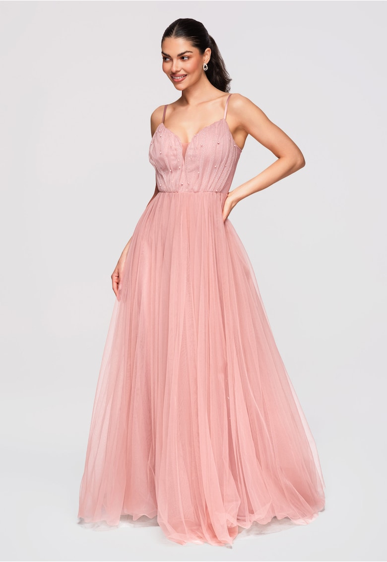 Rochie Maxi Eleganta - Croiala Clos - Detalii Tulle si Aplicatii Delicate - Roz