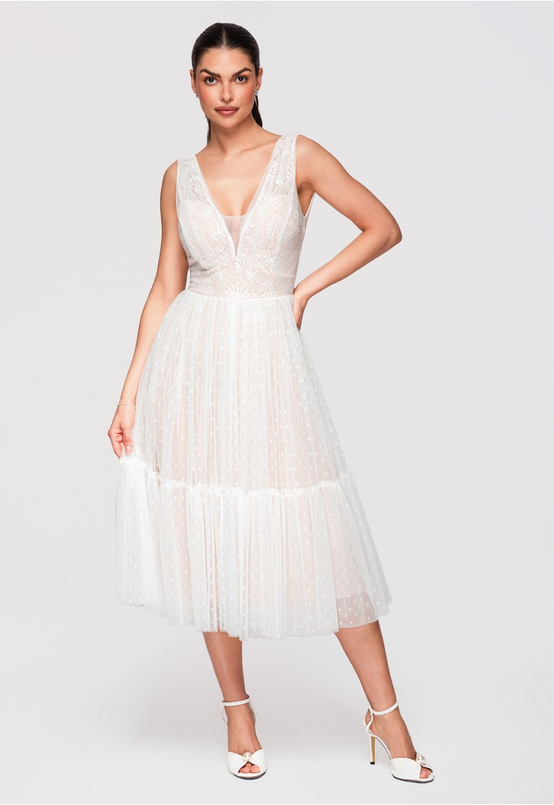 Rochie Midi Evazata Dantela si Tul Rochie Eleganta de Cocktail - Alb