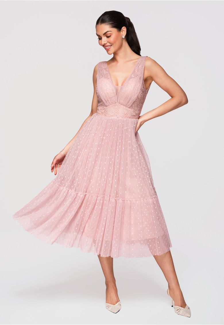 Rochie Midi Evazata Dantela si Tul Rochie Eleganta de Cocktail - Nude