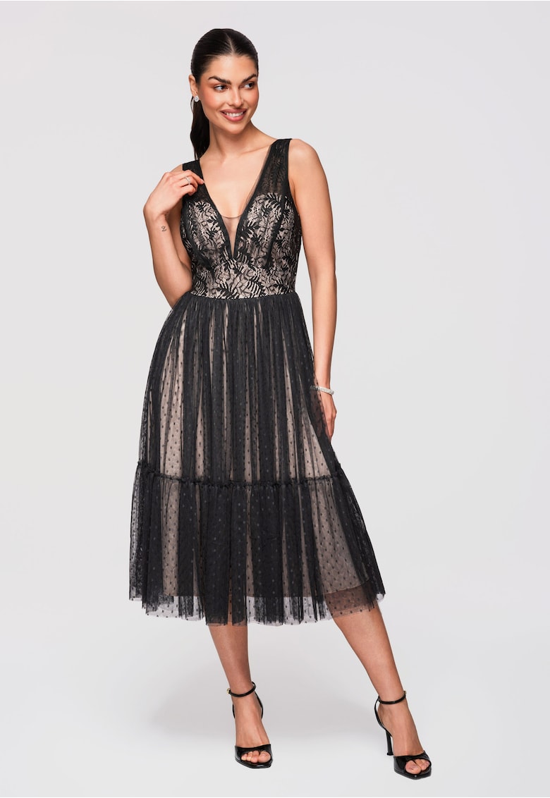 Rochie Midi Evazata Dantela si Tul Rochie Eleganta de Cocktail - Negru