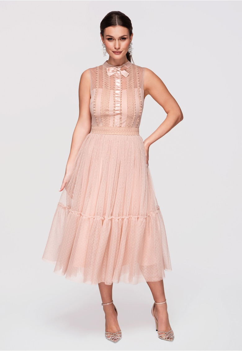 Rochie Midi Evazata cu Dantela si Guler Inalt - Rochie Eleganta de Ocazie - Nude
