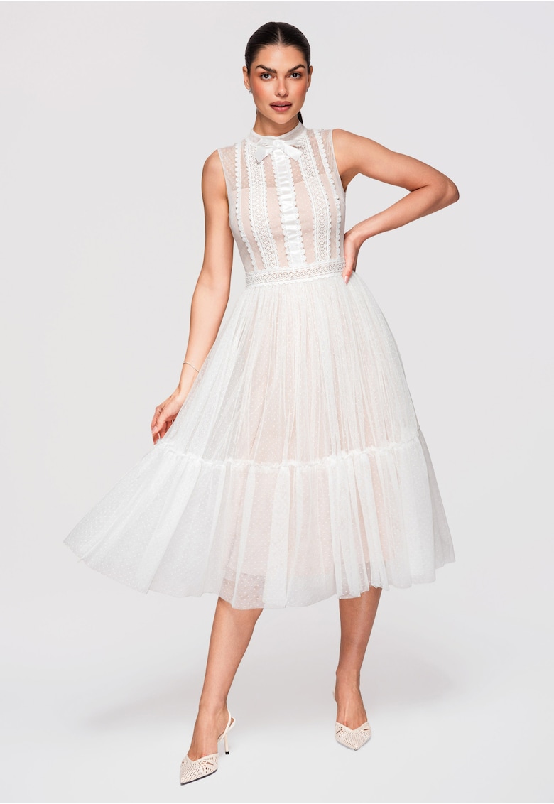 Rochie Midi Evazata cu Dantela si Guler Inalt - Rochie Eleganta de Ocazie - Alb