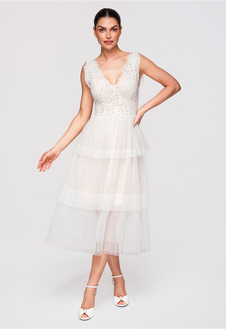 Rochie Cocktail Midi Dantela si Tulle Eleganta - Croiala Fit & Flare - Alb