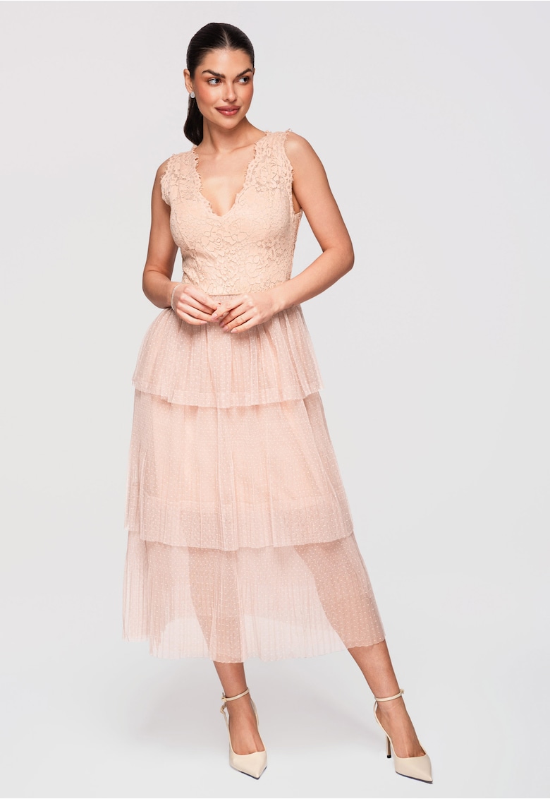 Rochie Cocktail Midi Dantela si Tulle Eleganta - Croiala Fit & Flare - Nude