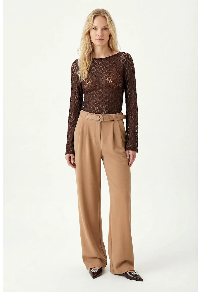 Pantaloni dama Happiness Istanbul - talie inalta - bej - poliester