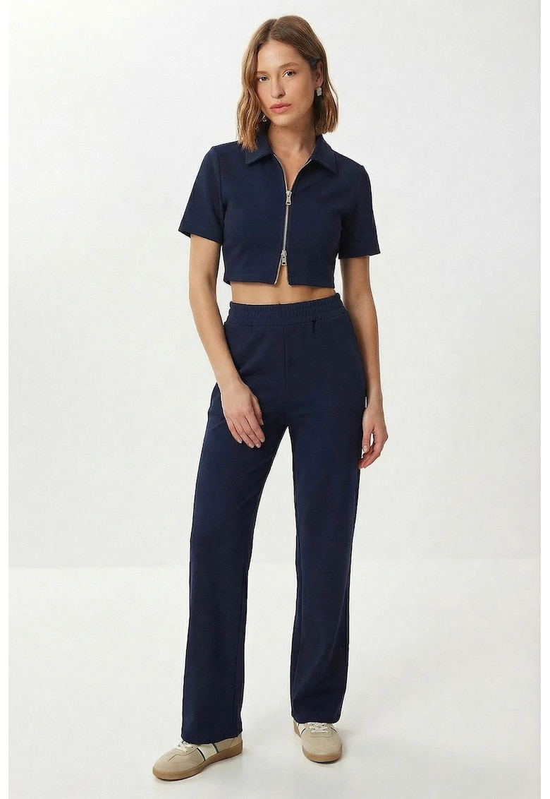 Compleu din doua piese - Happiness Istanbul - set cu pantaloni cu talie inalta si jacheta - albastru marin - 50% viscoza/44% poliester/6% elastan