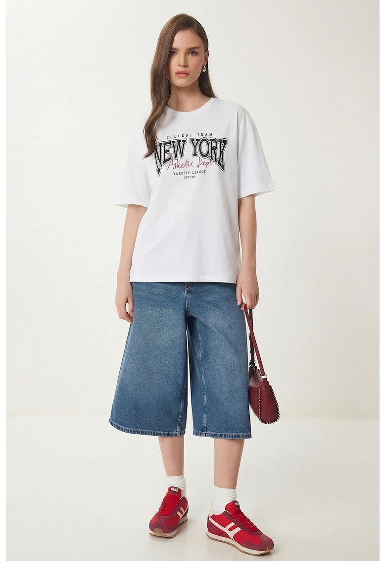 Tricouri dama - Happiness Istanbul - tricou supradimensionat - imprimeu - alb - 100% bumbac