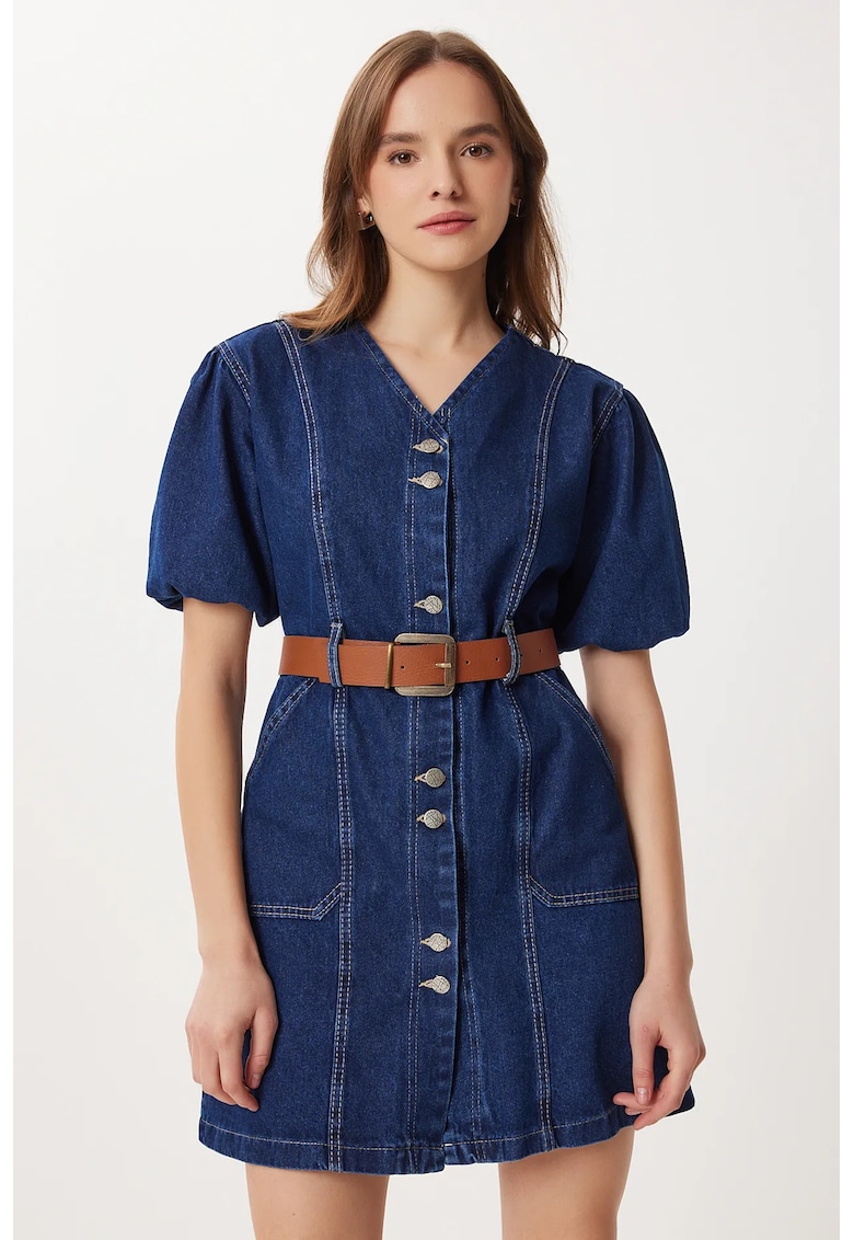Rochie mini - Happiness Istanbul - denim - decolteu in V - albastru - cu curea