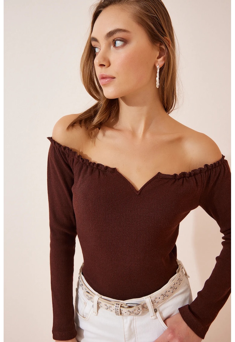 Bluza dama - Happiness Istanbul - decolteu in forma de inima - maro - bumbac