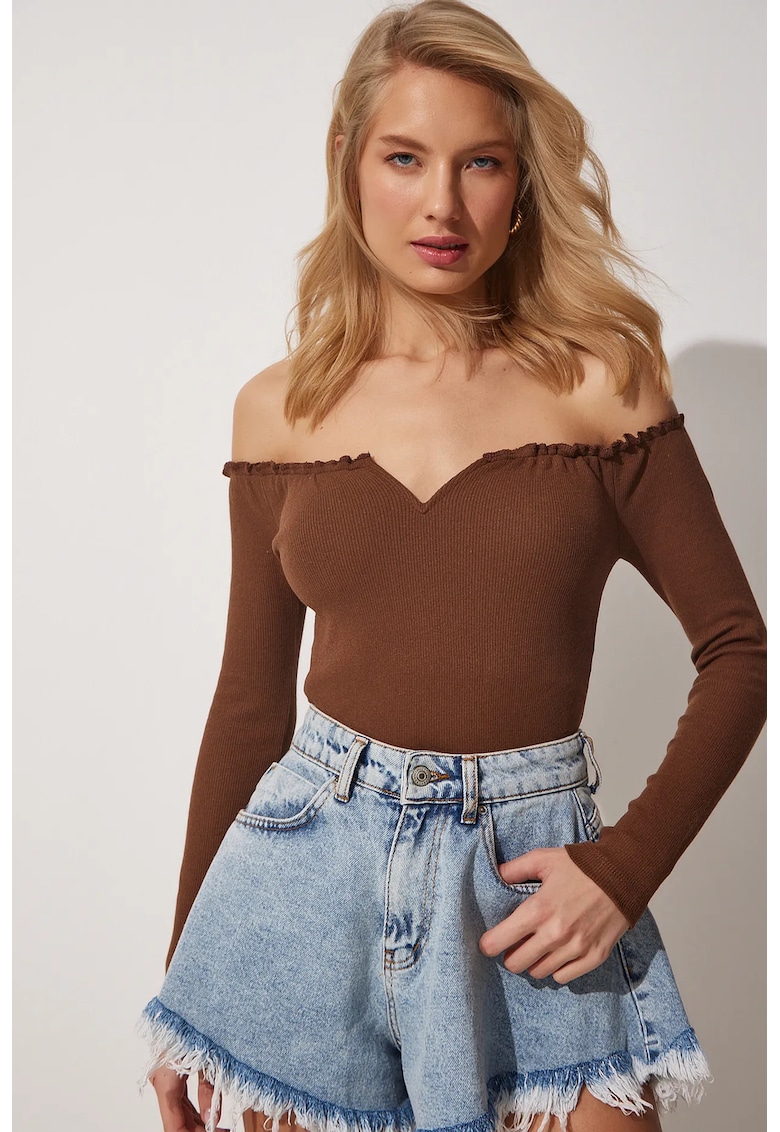 Bluza Happiness Istanbul - decolteu in forma de inima - maro - bumbac