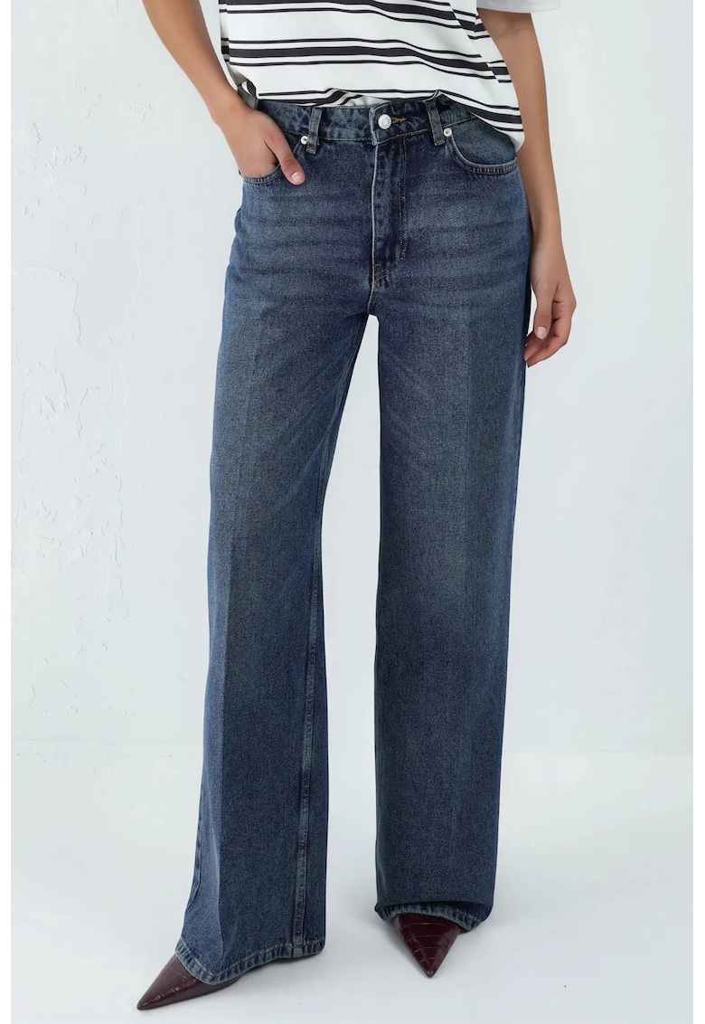 Blugi dama croiala larga - denim albastru - 100% bumbac