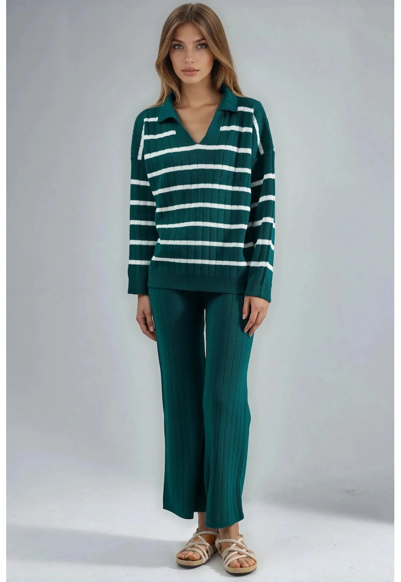 Set din 2 piese pulover cu guler polo si pantaloni cu talie inalta - acril - verde -