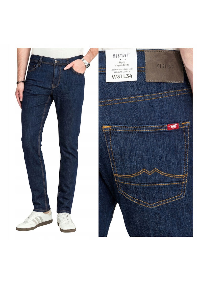 Blugi Barbati - Vegas Slim - Slim Fit - Talie Medie - Lungi - 5 Buzunare - Fermoar - Bumbac - Albastru - Albastru