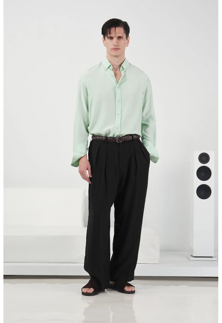 Pantaloni barbati - plisati - picior larg - negru - modal/poliester