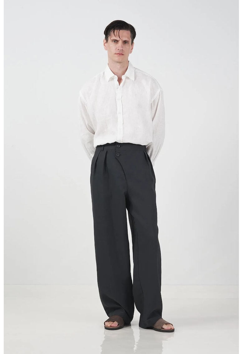 Pantaloni Talie Inalta - Gri - Bumbac-Poliester-Tencel