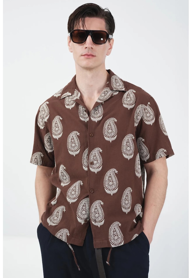 Camasa barbati - cu maneca scurta - alb/maro - multicolor - poliamida